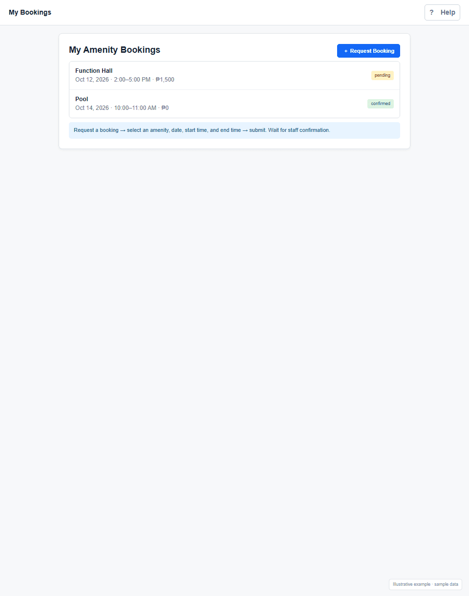 Amenity bookings screen example