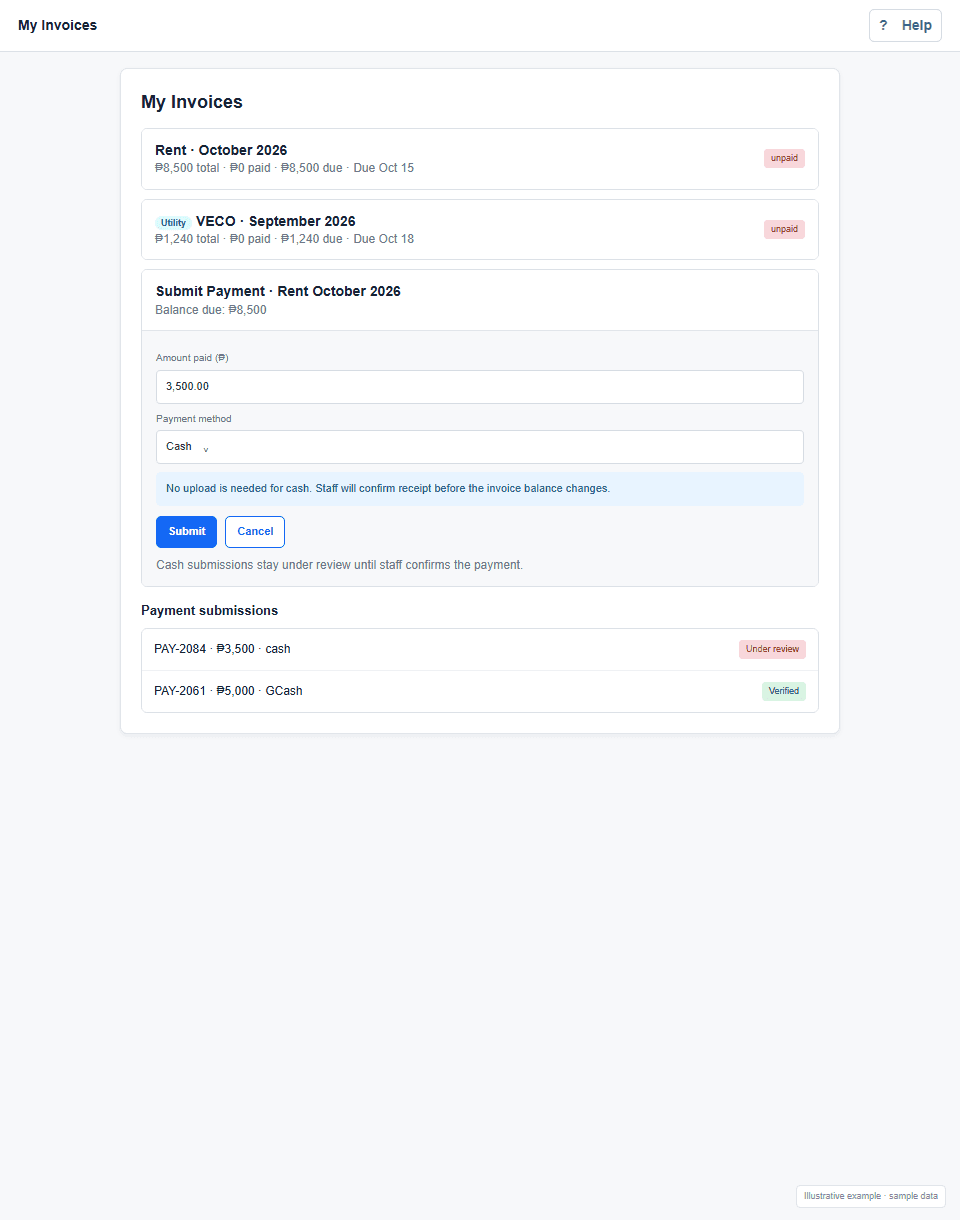 Rent and utility invoices screen example