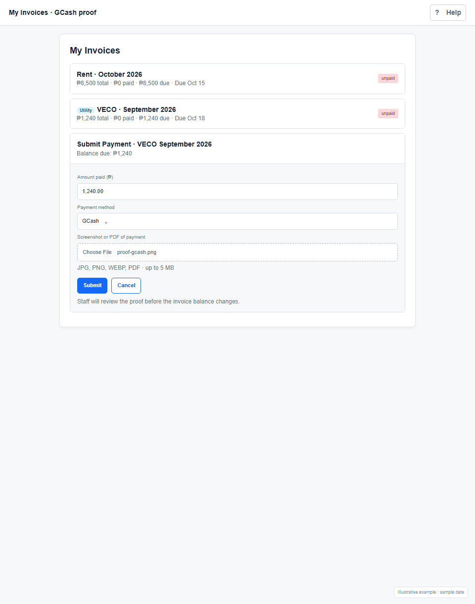 Rent and utility invoices screen example